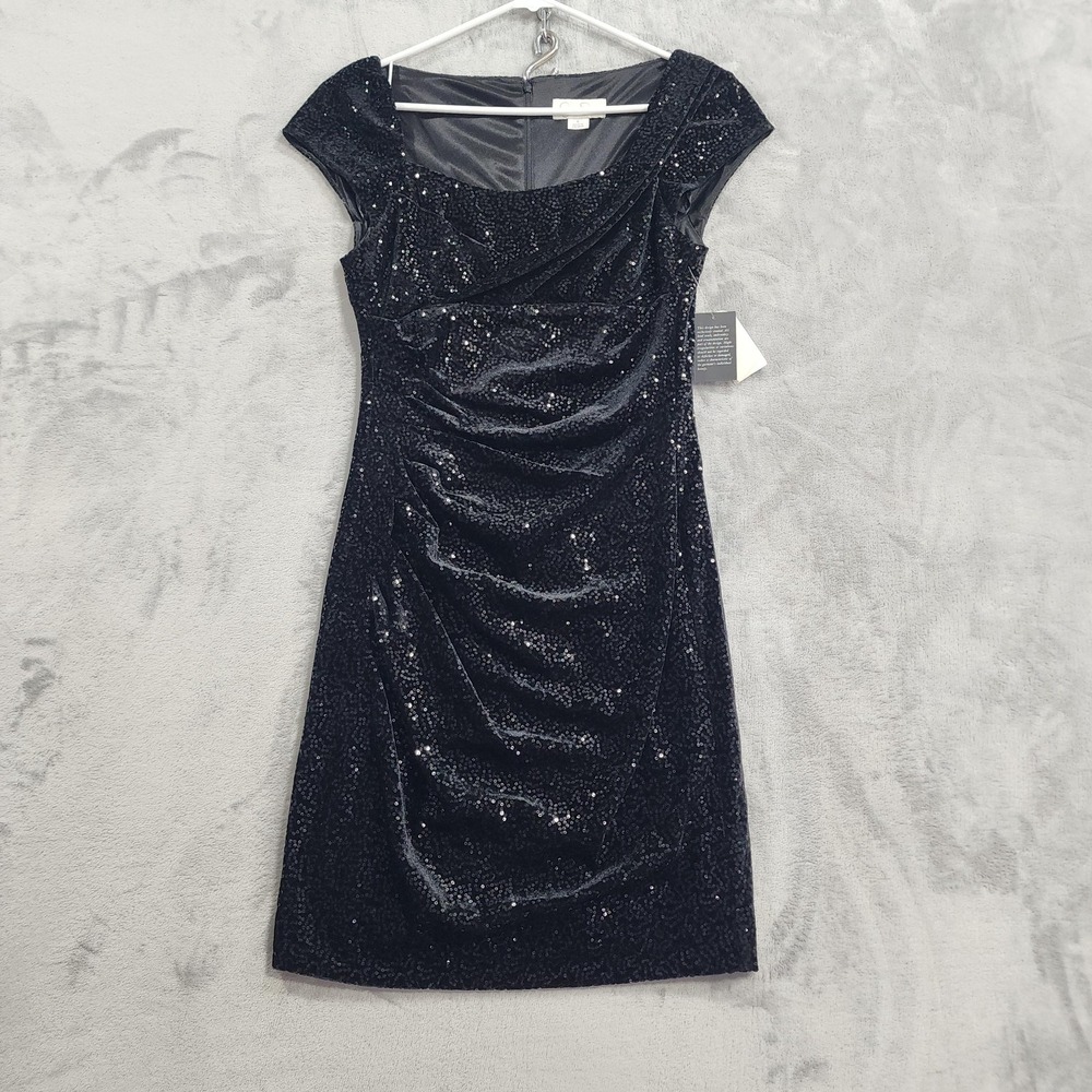 Jessica Simpson Dress Women 6 Black Sequin Velvet Ruched Cap Sleeve Sheath Party